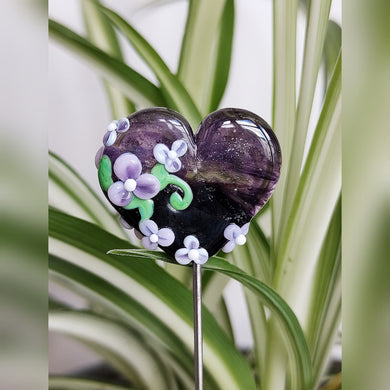 Dark purple and black heart with purple flowers - Plant stake